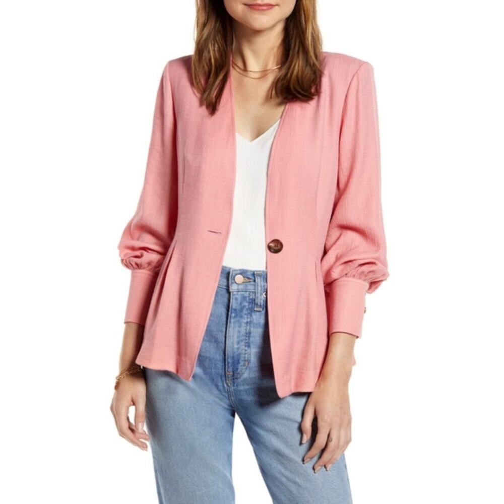 Something Navy Crepe Puff Sleeve Blazer